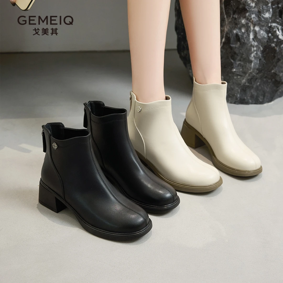 戈美其2024新款时装靴真皮气质百搭粗跟裸靴单靴舒适391628091