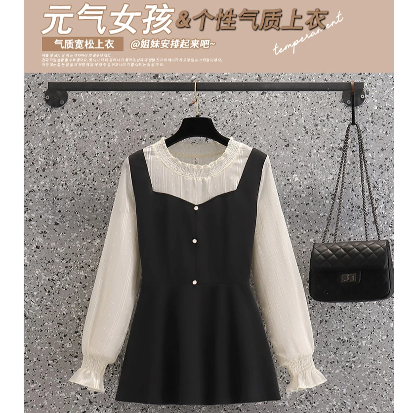 JJ2550专享大码春秋季胖妹妹宽松减龄遮肚洋气时尚拼接大版型上衣