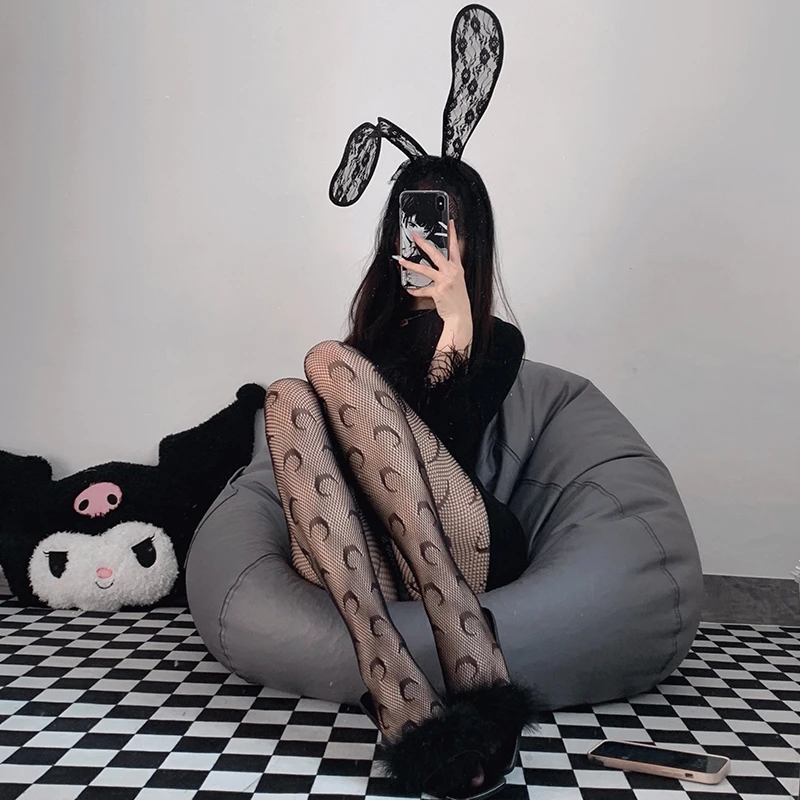 蕾丝性感黑丝袜月亮印花薄款夏季丝袜辣妹蹦迪美腿ol袜