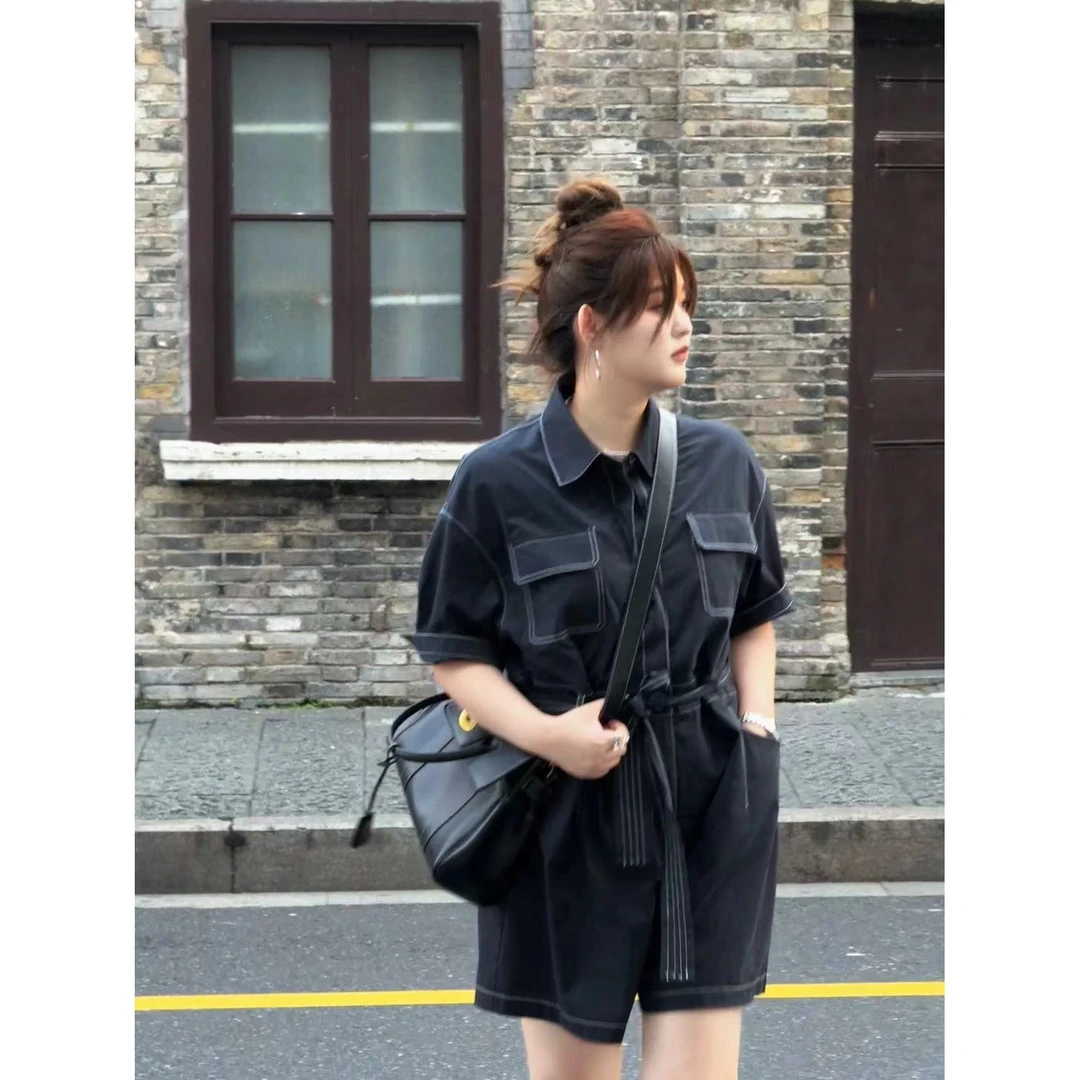 晶咕【城南旧事】明线双口袋带腰带衬衫连体裤时尚休闲高腰夏季