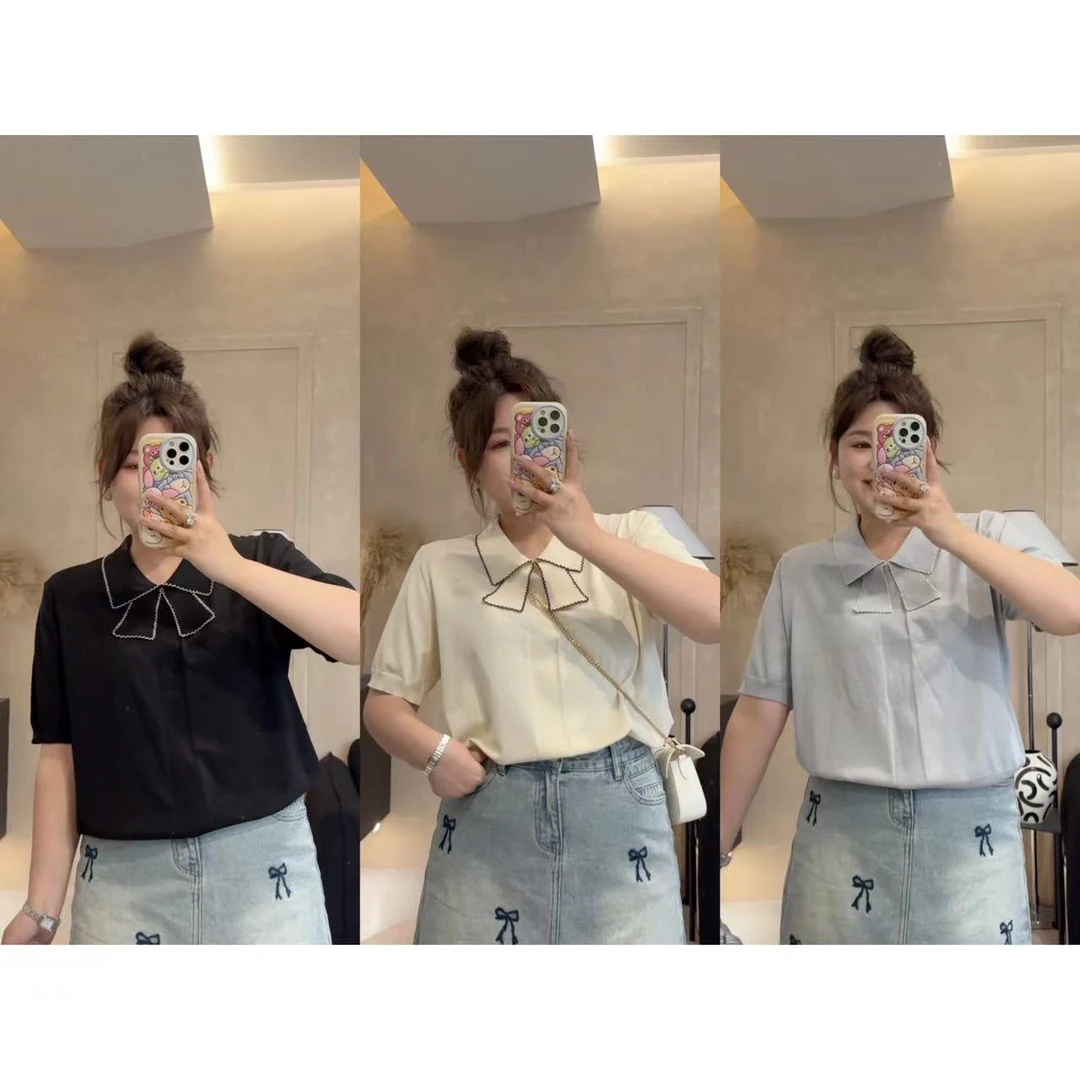 晶咕【香槟甜心】设计感撞色波浪边蝴蝶结短袖t恤衫气质时尚