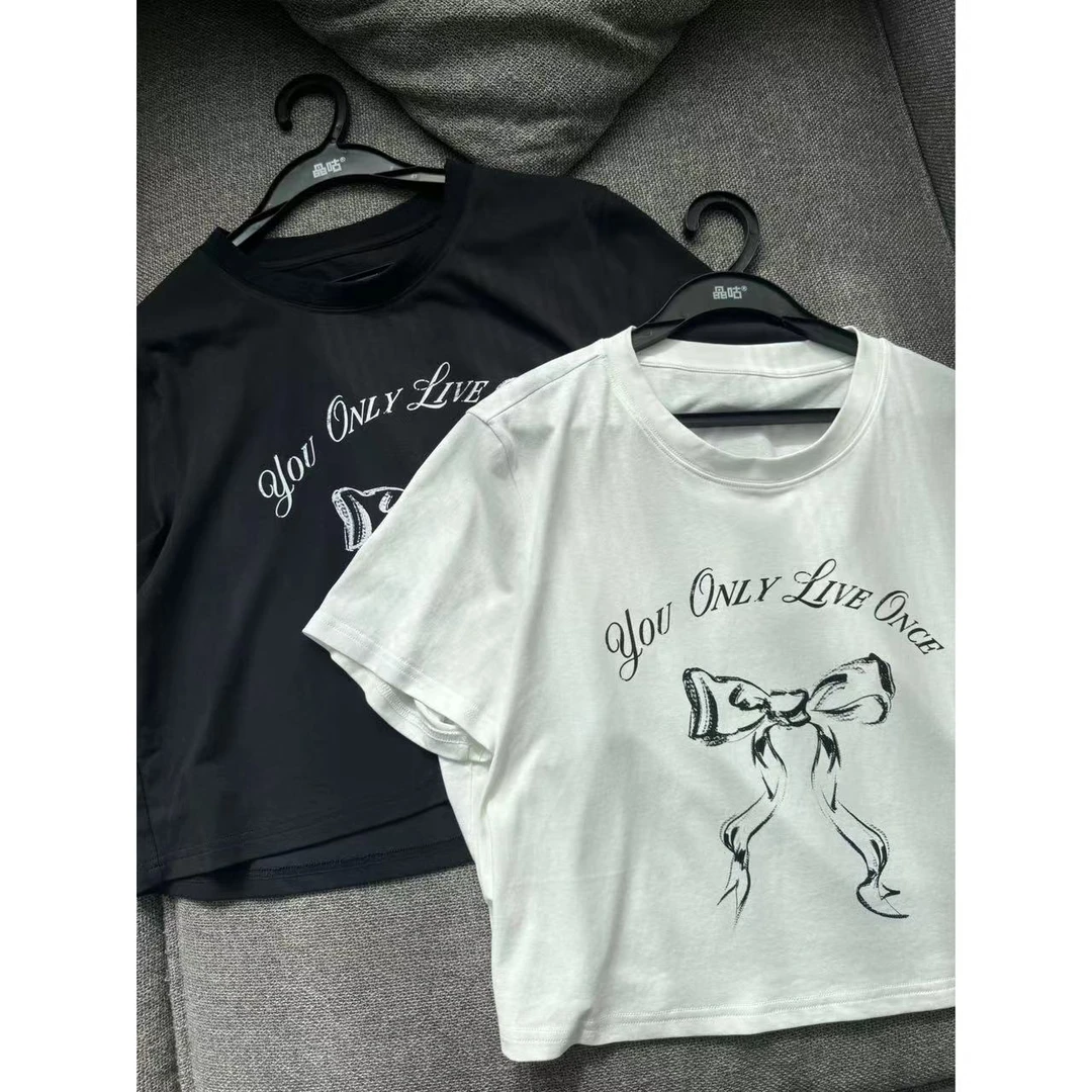 晶咕【闲暇时光】印花圆领短款正肩T恤时尚休闲百搭夏季半袖