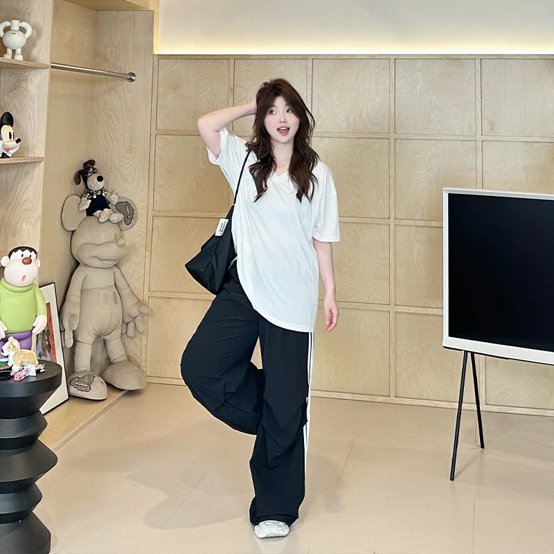 【私服裤】条纹松紧腰垂感休闲裤显瘦气质高腰直筒宽松裤子