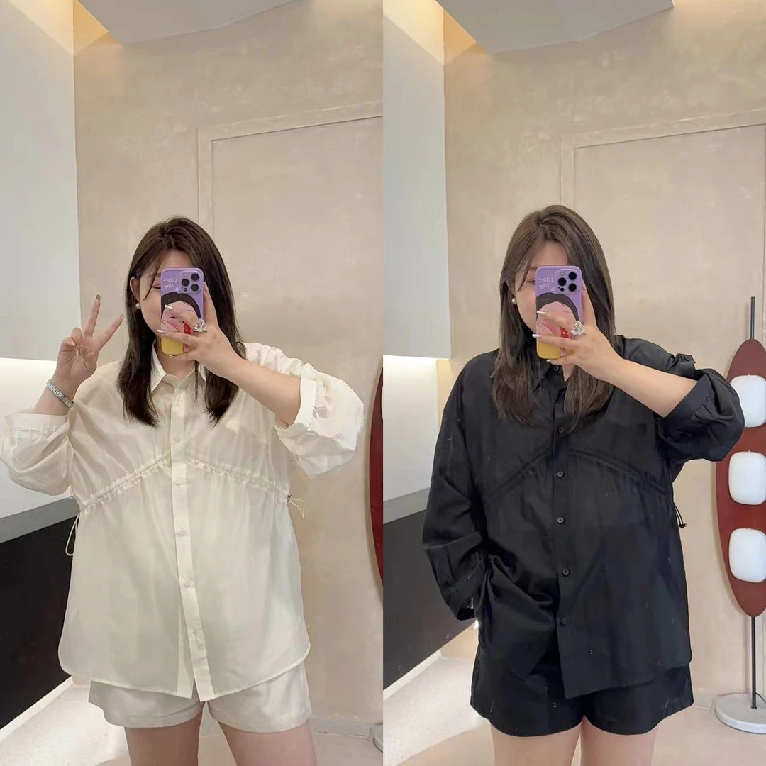 晶咕【清酒微甜-衬衫】抽绳薄感夏季衬衫衬衣春夏薄款宽松纯色