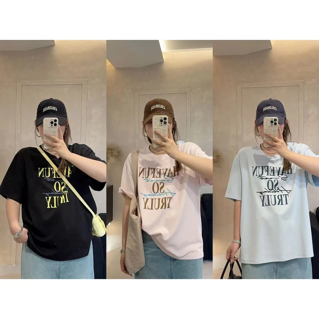 晶咕【奶味硬糖】圆领设计感印花字母短袖T恤时尚休闲百搭夏季