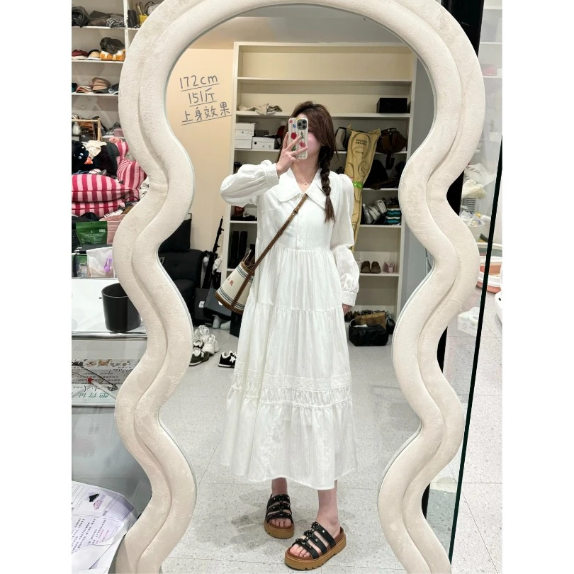 【白月光】法式大翻领纯色长袖中长蛋糕裙蕾丝白色复古温柔风