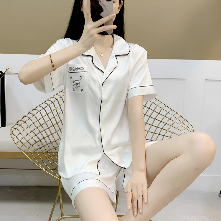 冰丝睡衣女夏季薄款短袖网红2024新款轻奢高级感山茶花家居服套装