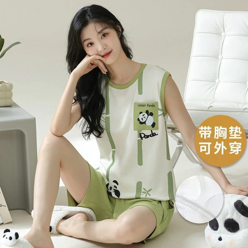 无袖背心睡衣女款带胸垫一体式夏季可外穿简约绿色韩版家居服套装