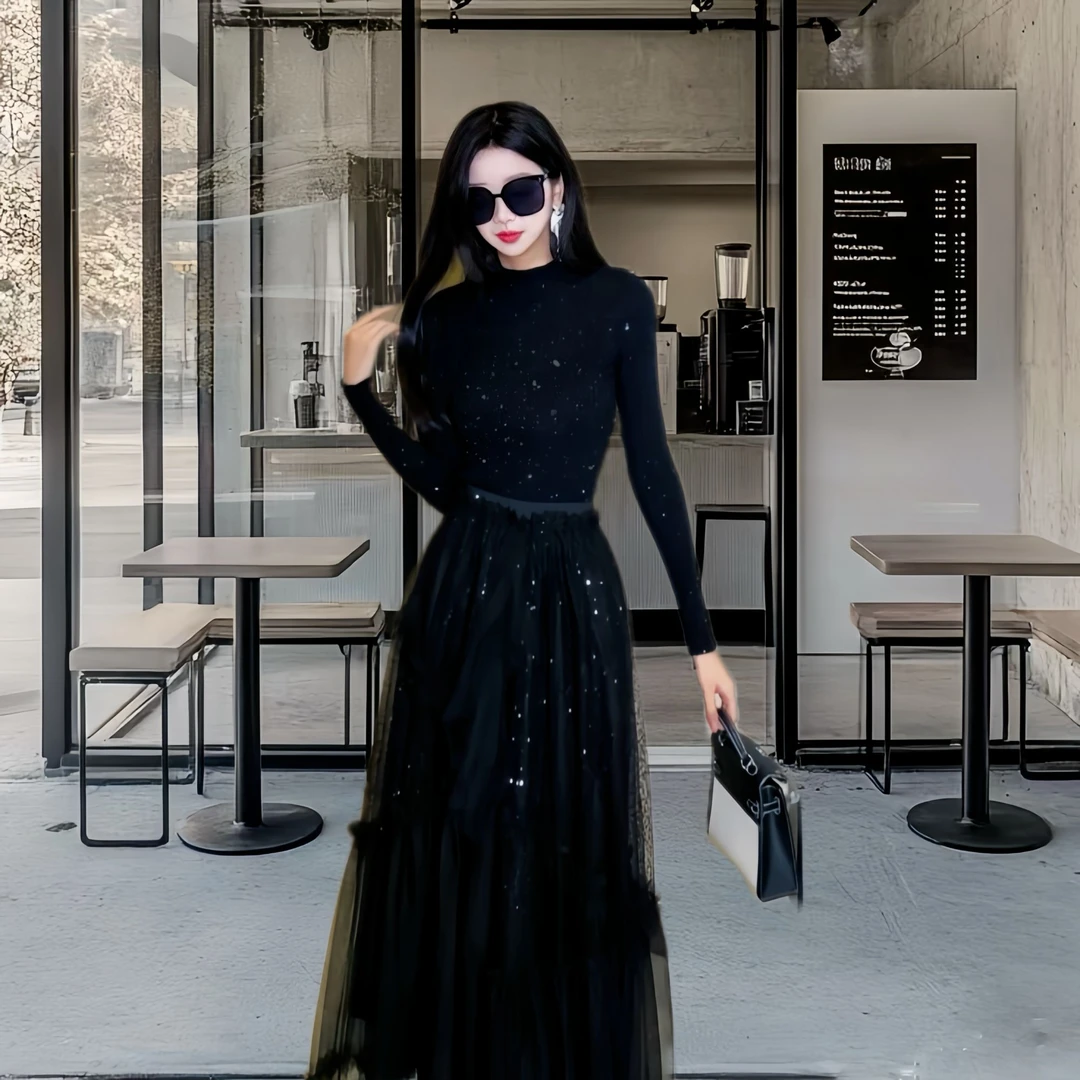 亚町家原创星空亮片上衣气质显瘦日常优雅轻奢2805黑色修身