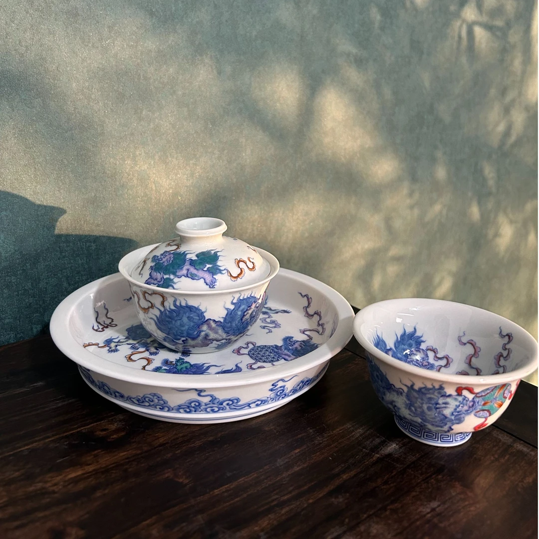 空山明月新派斗彩狮子杯子盖碗壶承套组