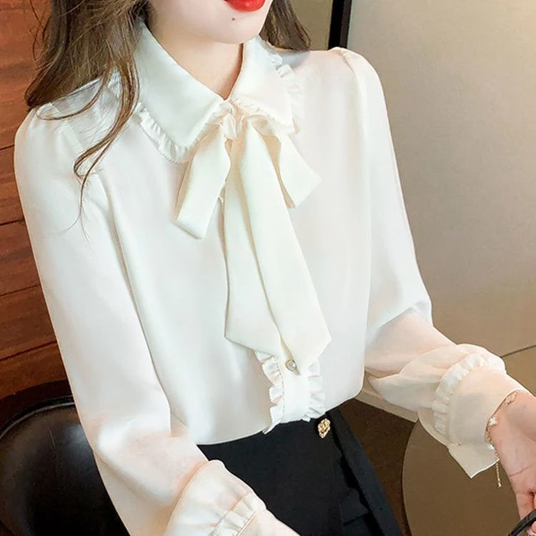 蝴蝶结衬衫女长袖2023年春装新款女士时尚设计感小系带雪纺上衣女