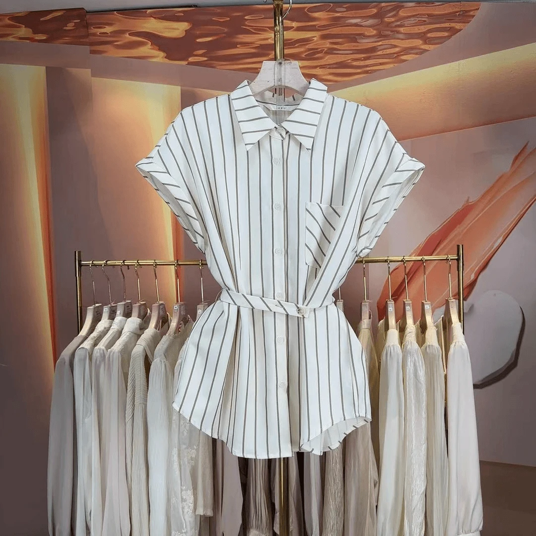 新款女装设计师小衫短袖法式时尚简约气质百搭条纹通勤设计感衬衫