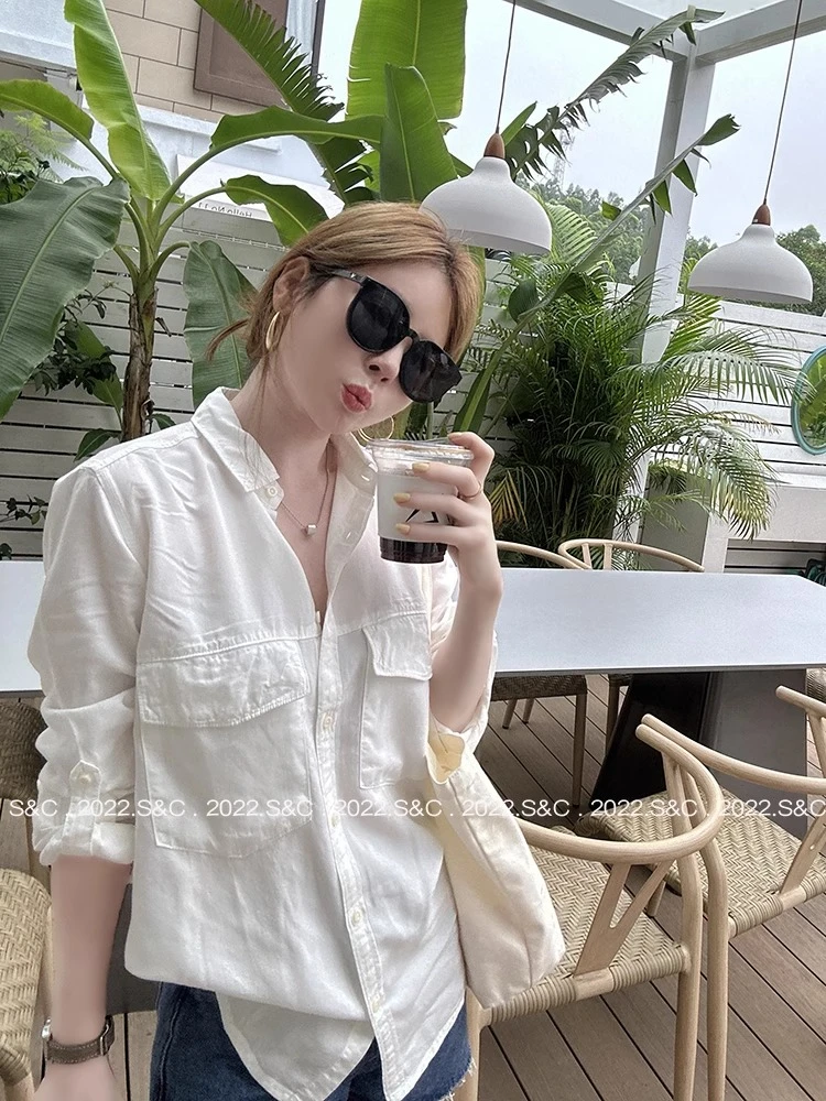 2024春季天丝绵可卷袖正肩天丝绵垂感衬衫宽松设计感白色衬衣女