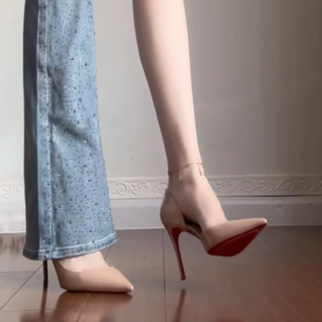 气质裸色侧空红底高跟鞋女2024新款爆款百搭时尚尖头浅口细跟单鞋