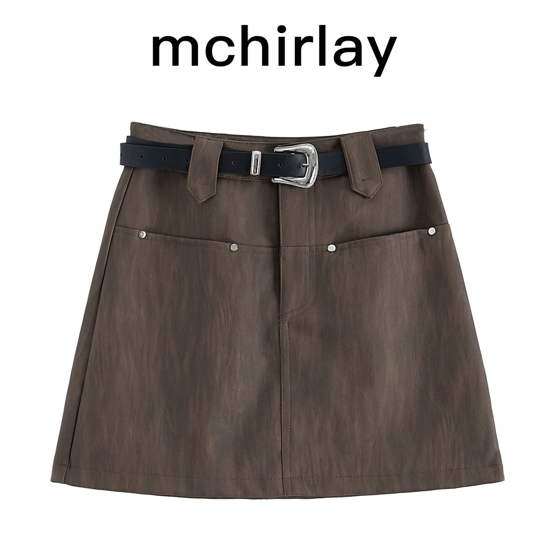 mchirlay/米时兰M789新款纯色宽松显瘦皮裙高腰口袋短款半身裙皮
