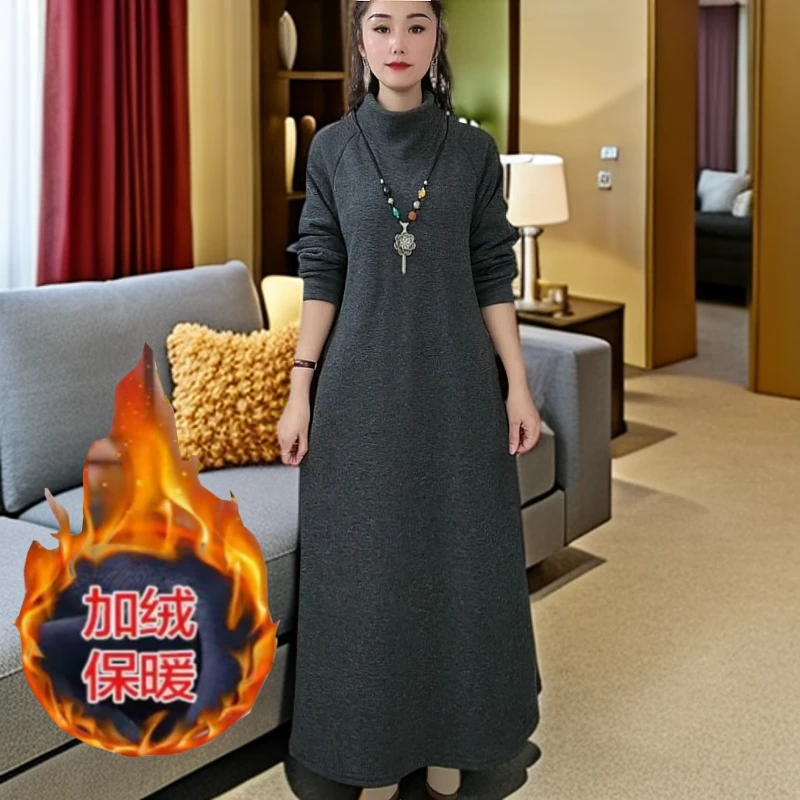 秋冬季显瘦气质洋气中长款加绒加厚中国风高领连衣裙