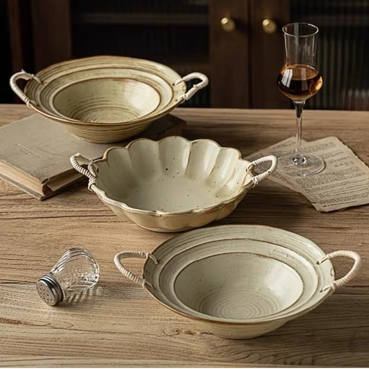 【荔枝手工】麻绳双耳粗陶碗  复古做旧草帽碗意面碗家用面碗汤菜碗