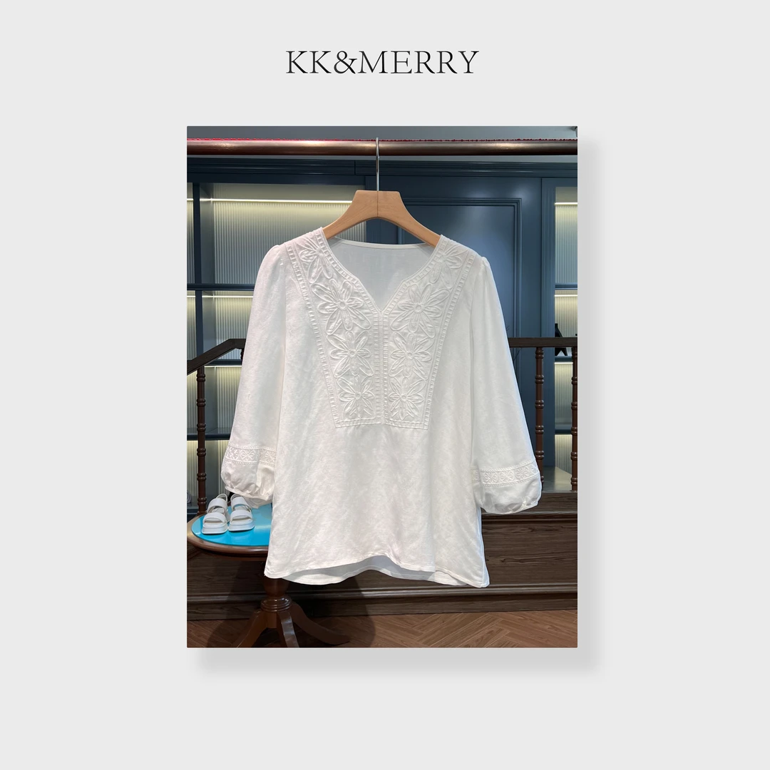 KK&MERRY绣花设计感宽松圆领法式复古中袖色衬衫KKAC265