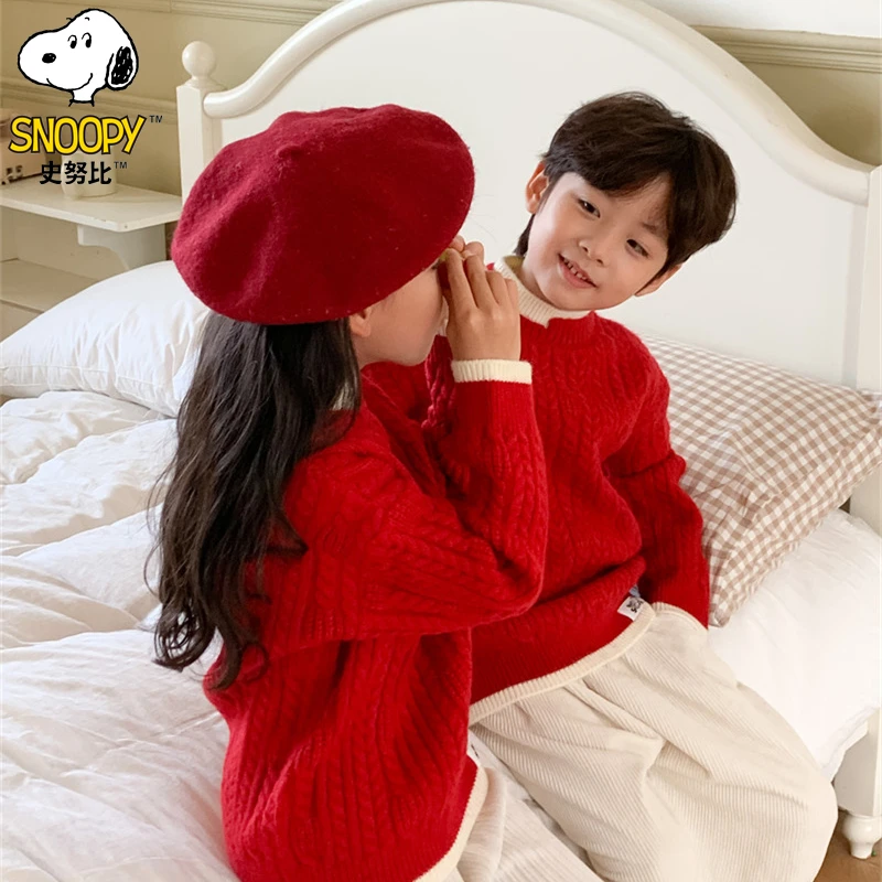 Snoopy/史努比男女童毛衣儿童女孩加厚宝宝套头假两件红色针织衫