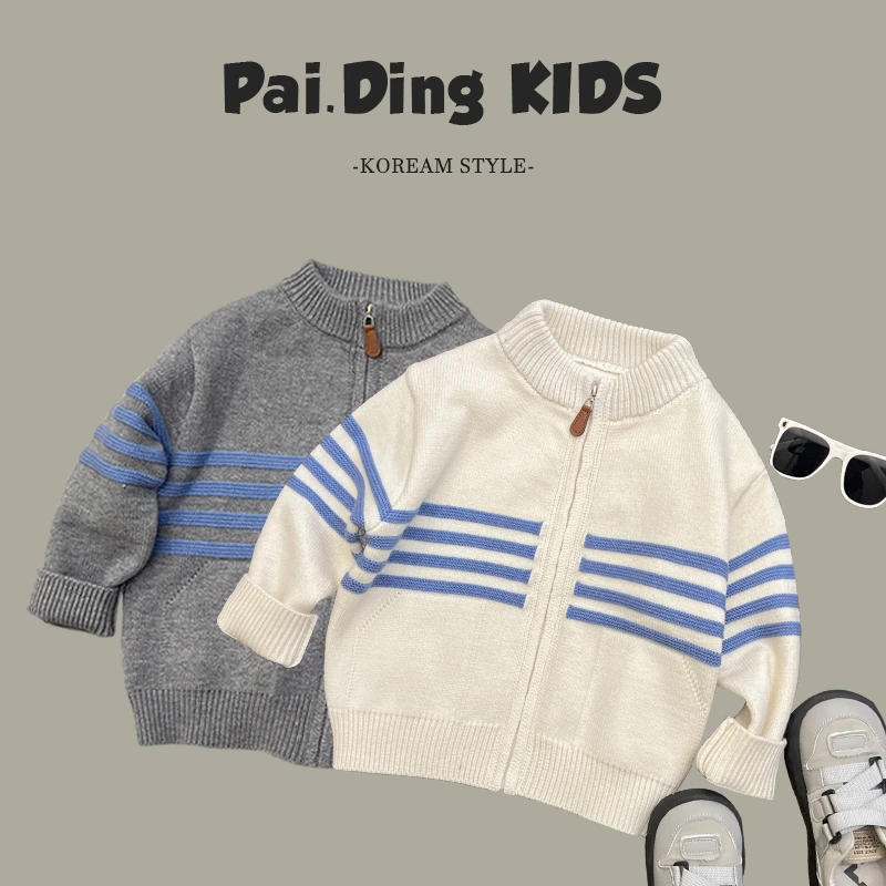 【Umi现货】儿童韩版时尚撞色条纹休闲宽松针织毛衣开衫HCXZ3617