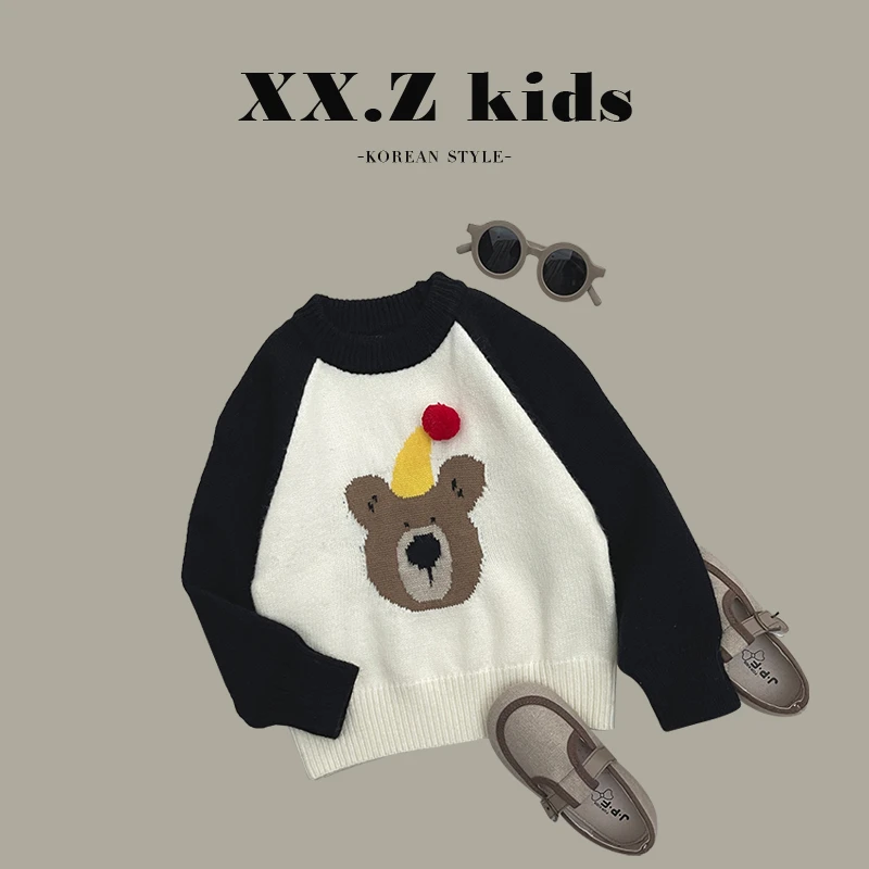 【向子】冬装儿童韩版潮流卡通小熊童趣撞色休闲圆领毛衣HCXZ3101