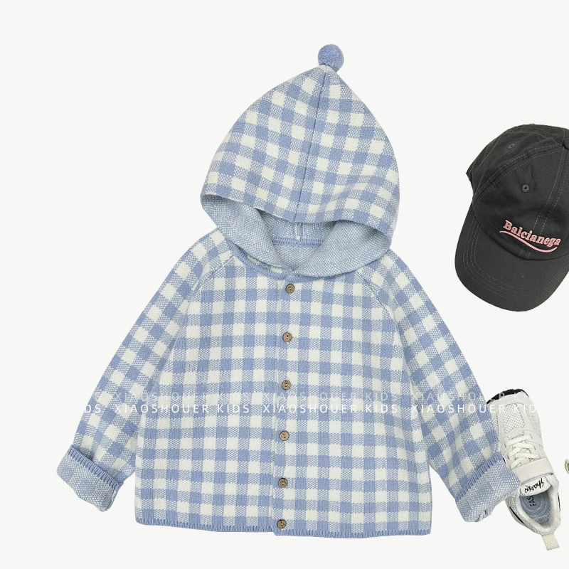 【Umi现货】冬季时尚韩版儿童精灵帽格子连帽开衫软糯毛衣MPG5265