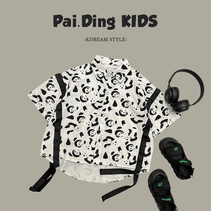 派町 【小向子.现货】夏装儿童日常宽松休闲满印可爱熊猫印花衬衫ZY0129