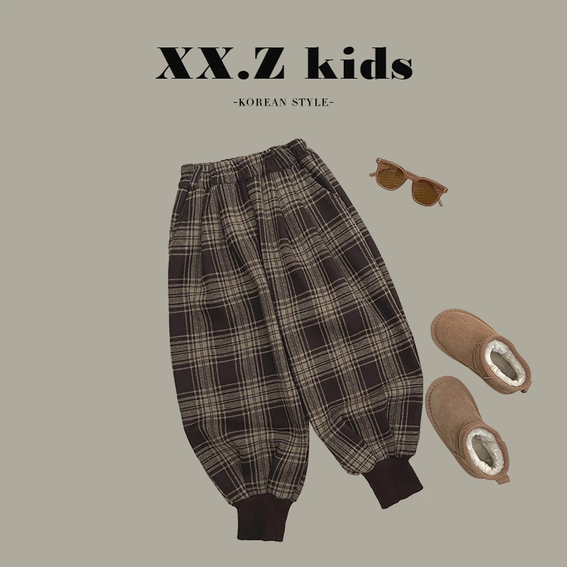 【向子】冬装儿童韩版时尚格子休闲宽松加绒裤子HDM3245-DK2