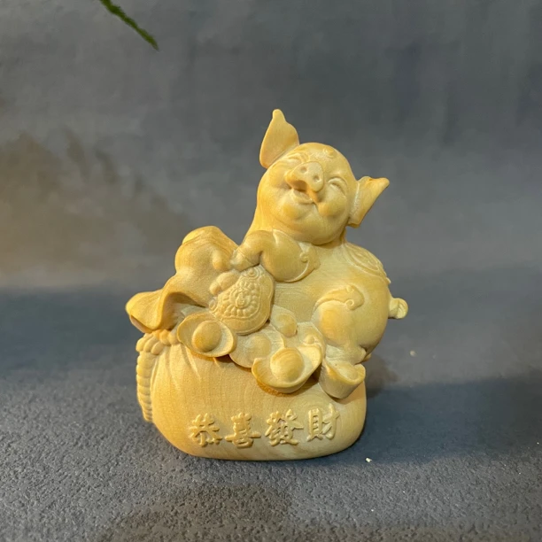 小叶黄杨木原木动物小猪摆件恭喜发财装饰收藏送礼