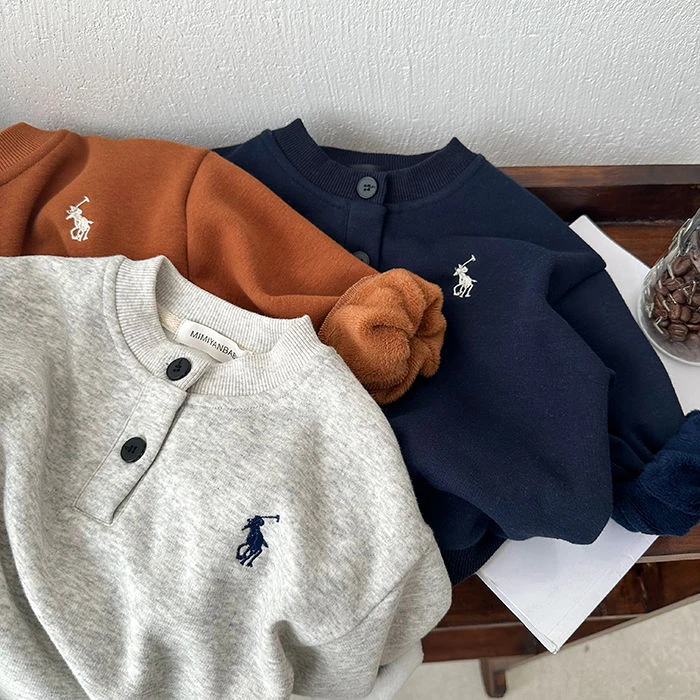 优选儿童打底衫加绒男童冬季款小童潮牌上衣纯色宝宝POLO领T恤女