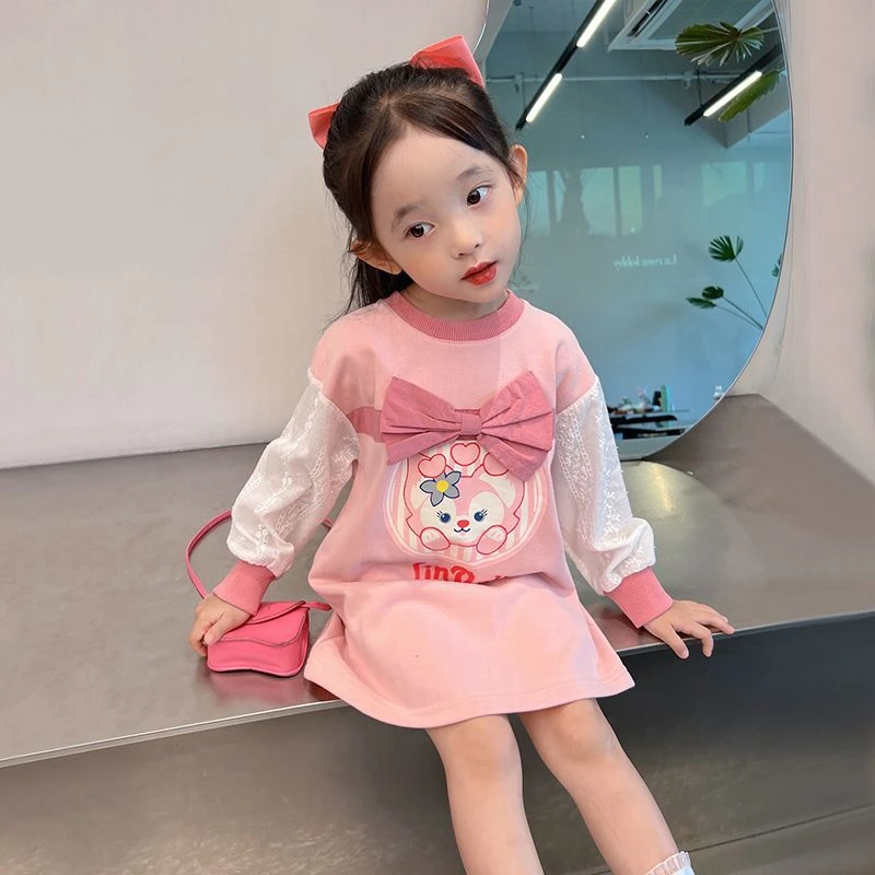 优选棉质女童春秋新款2023可爱卡通贝儿拼接卫衣裙中长款连衣裙潮
