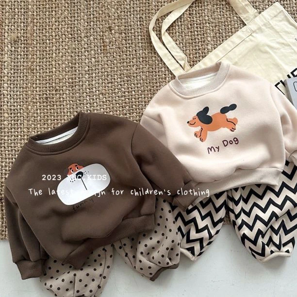 优选儿童套装2023新款冬季卡通印花休闲卫衣上衣宝宝洋气加绒两件