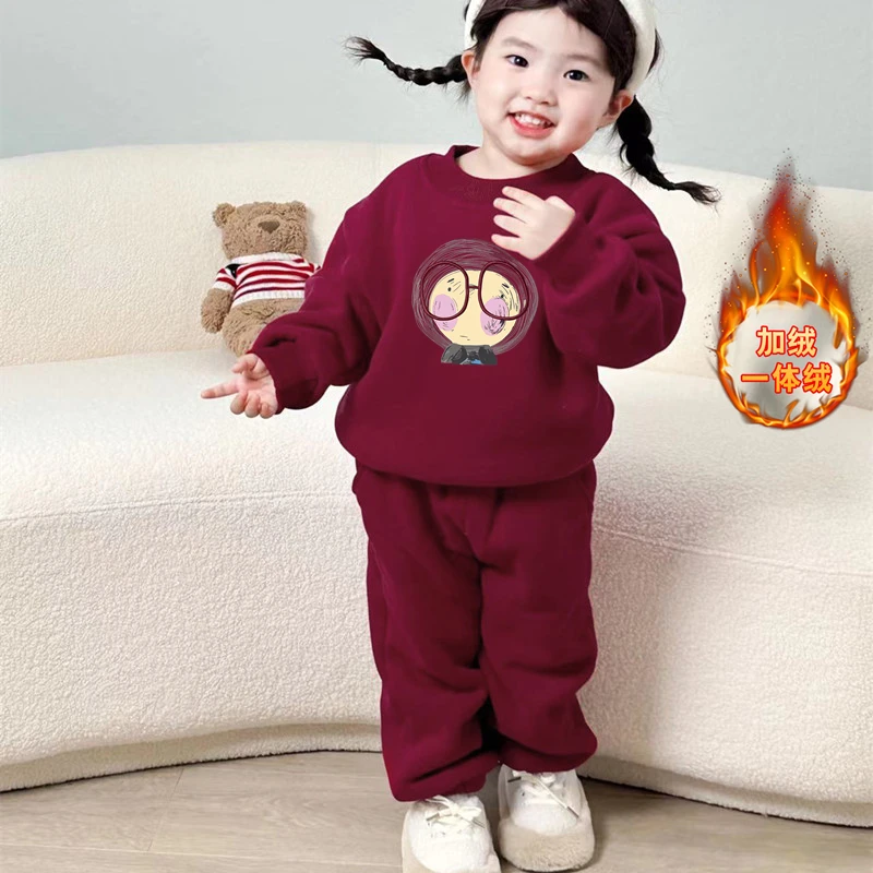 优选女童加绒卫衣套装秋冬款卡通印花加厚上衣宝宝休闲宽松保暖束