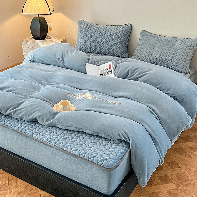 毛绒牛奶绒夹棉床笠四件套冬季珊瑚绒加绒被套加厚床套双面绒床罩