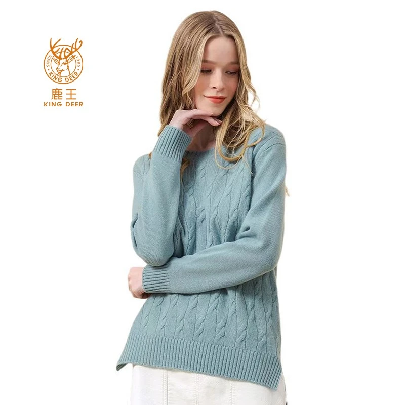 鹿王羊绒衫女士圆领套头扭花纯色百搭保暖冬季新品中长款打底针织