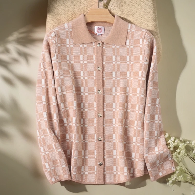 鹿王女士纯山羊绒提花开衫外套复古时尚修身翻领针织衫