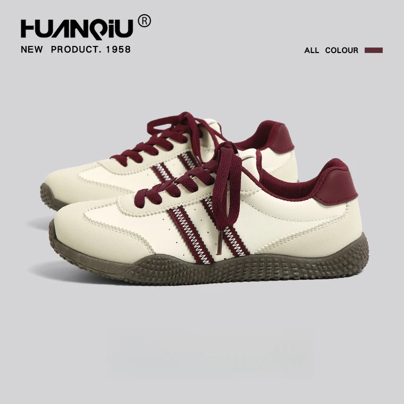 环球酒红色德训鞋女2025新款春秋百搭潮鞋休闲鞋厚底平底丑萌板鞋