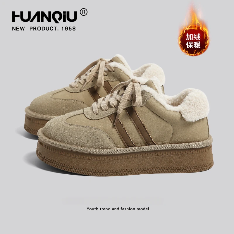 环球毛毛德训鞋女2024年新款冬季百搭休闲加绒厚底板鞋外穿棉鞋