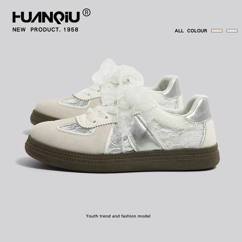 环球秋季银色德训鞋女2025新款透气蕾丝潮鞋潮板鞋休闲百搭阿甘鞋