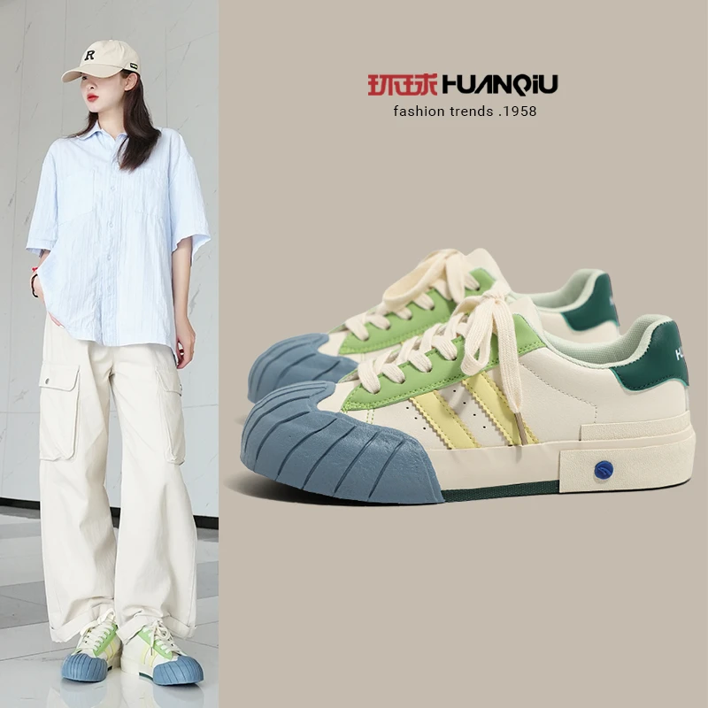环球拼色板鞋女2024新款春季百搭厚底低帮饼干鞋感休闲运动鞋