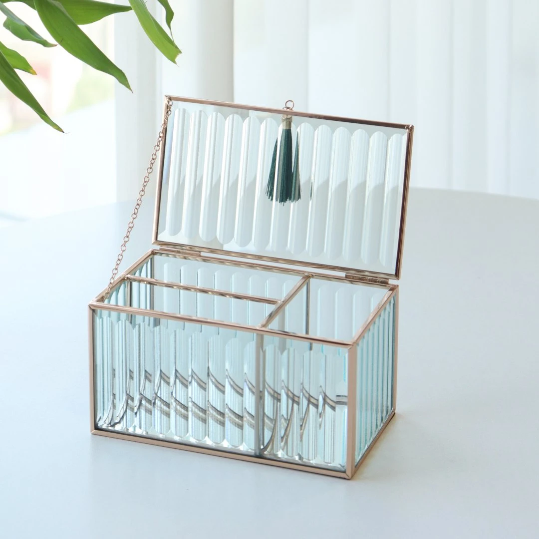 北欧家用带盖防尘金属化妆棉棉签收纳盒 客厅长虹玻璃口红收纳盒