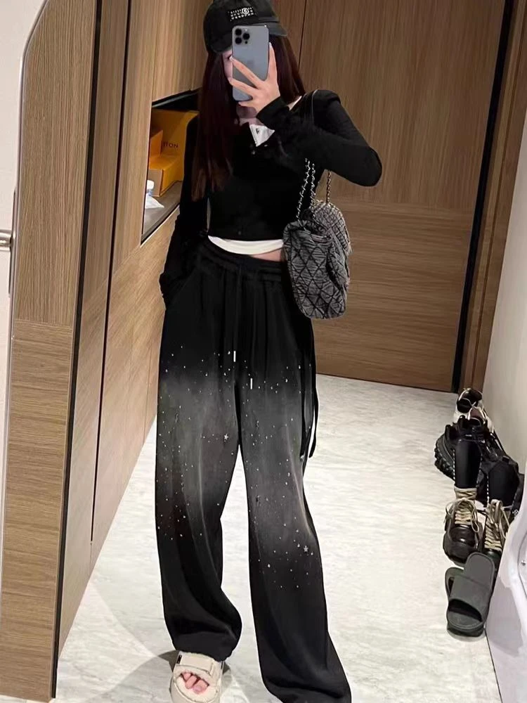 韩系渐变色重工烫钻休闲裤女秋季高腰宽松显瘦长裤直筒百搭阔腿裤