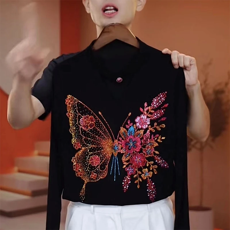 加绒保暖打底衫女长袖秋冬加厚新款冬季女上衣V领烫钻T恤50155