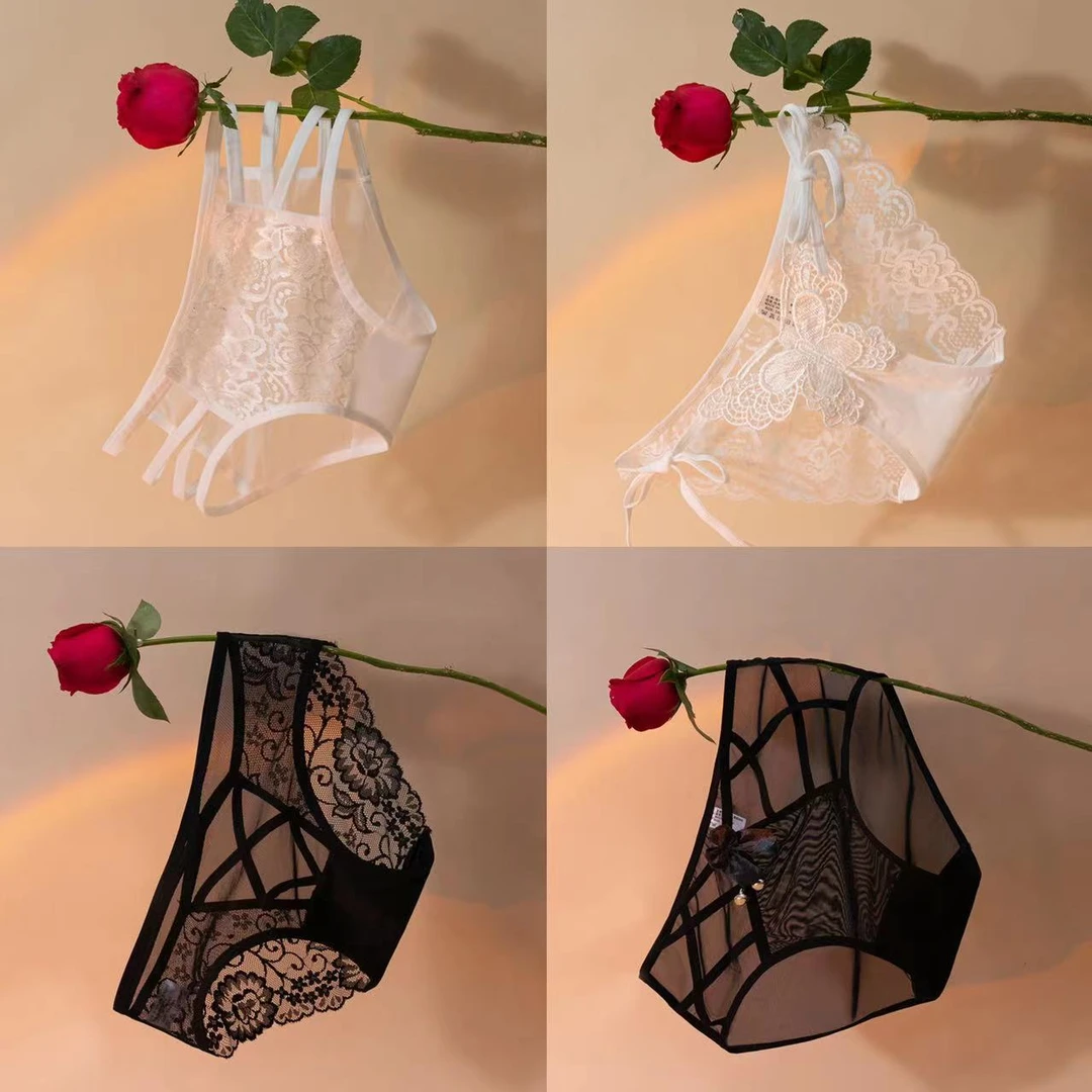 4条装-性感纯欲法式蕾丝诱惑内裤女士透气镂空性感棉裆三角裤