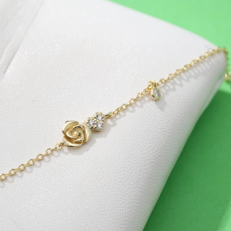 925银合成锆石手链 玫瑰花爱心手链时尚气质精致心形手饰百搭简约