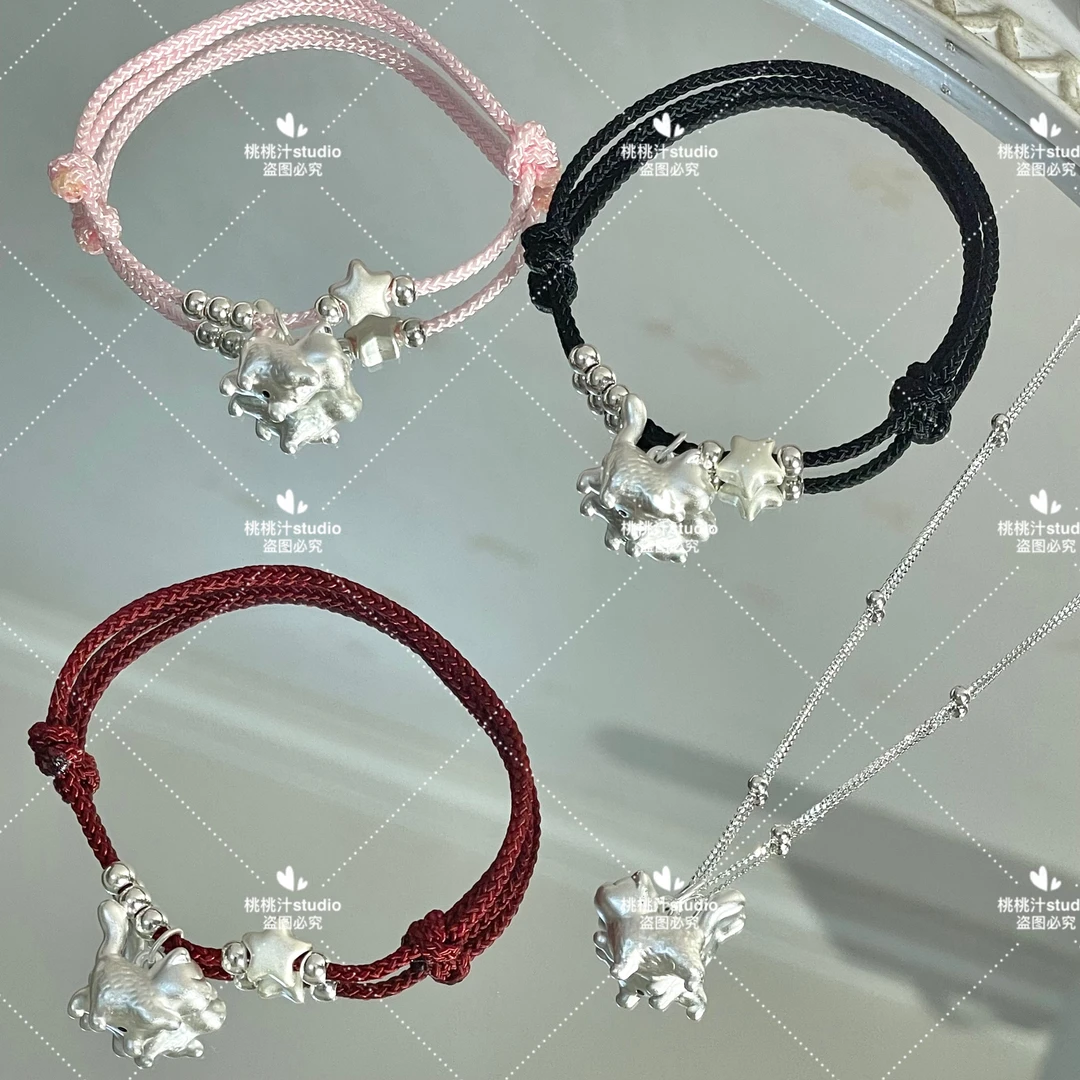 足银布艺银制品 足银999纯银傲娇可爱小猫星星编织手链项链