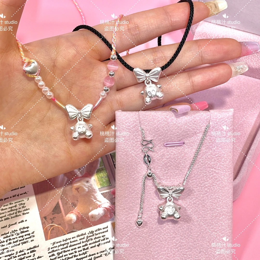 坠链均足银布 可爱足银999星之卡比蝴蝶结项链粉嫩可爱少女送礼