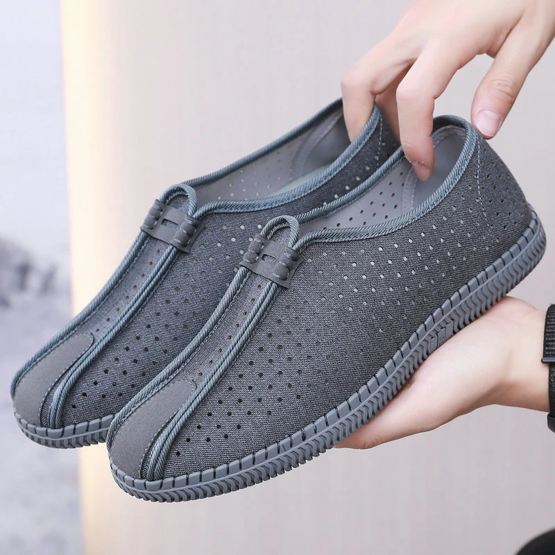 夏季老北京布鞋男士镂空网面透气橡胶底宽松老年中国风中式单鞋