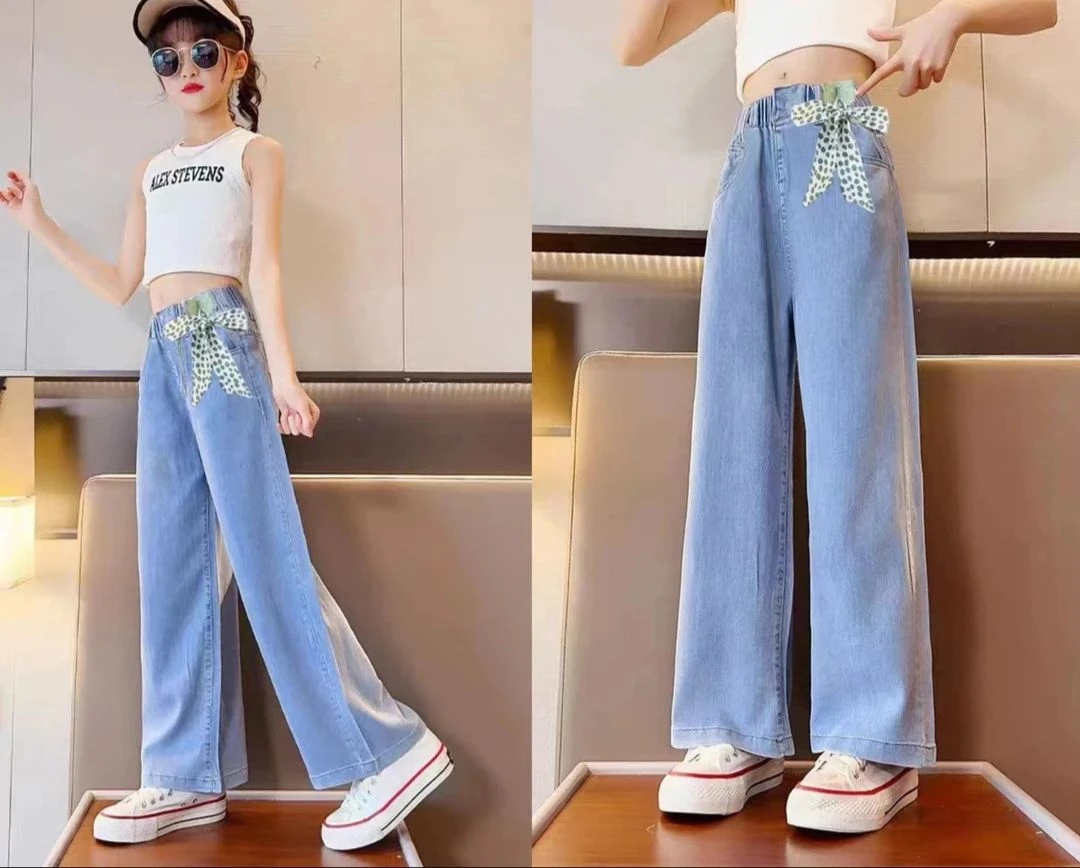 女童天丝阔腿裤女孩宝宝夏防蚊裤宽松阔腿薄款舒适直筒牛仔长裤子