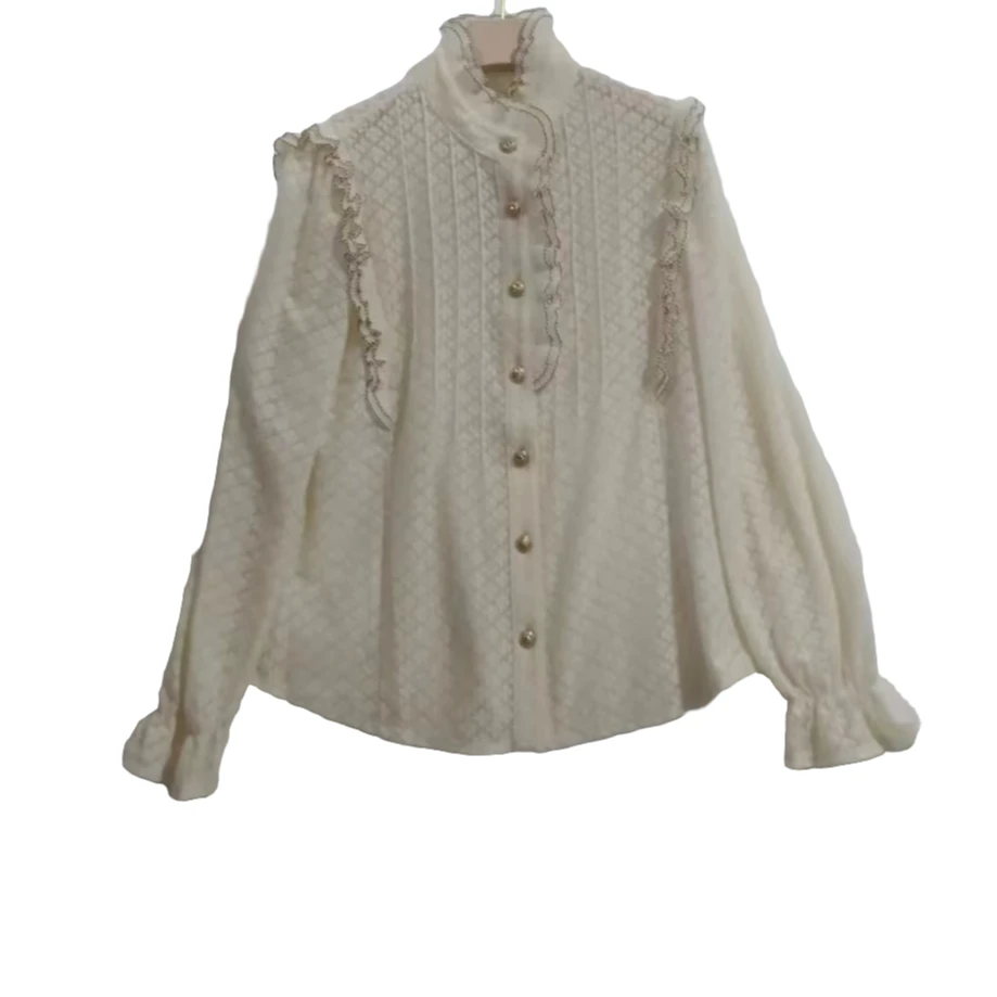 【2402】时尚长袖白色百搭女士春秋季立领气质打底木耳边衬衣